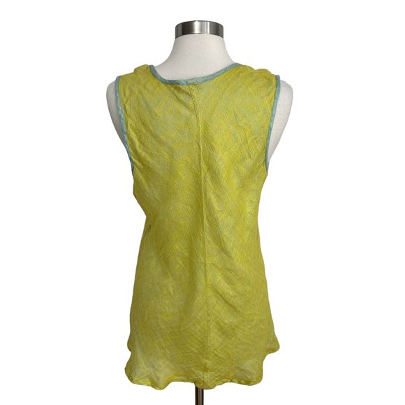 FLAX Jeanne Engelhart MEDIUM 100% Linen Yellow Blue Sleeveless Tunic Tank Top - Picture 2 of 6